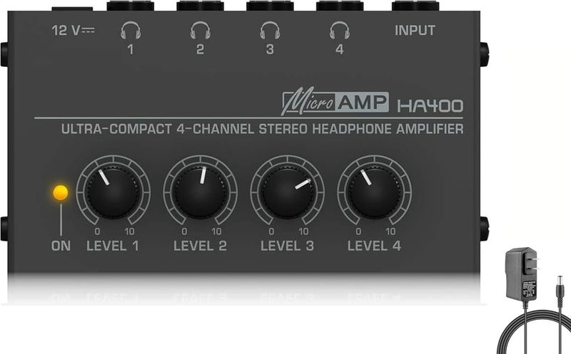 HSCLPM Headphone Amplifier, HA400 4-Channel Metal Stereo Audio Amplifier, Mini Earphone Splitter with DC 12V Power Adapter, HA400d1 for Sound Mixer PC Guitar Studio Stage - Image 1